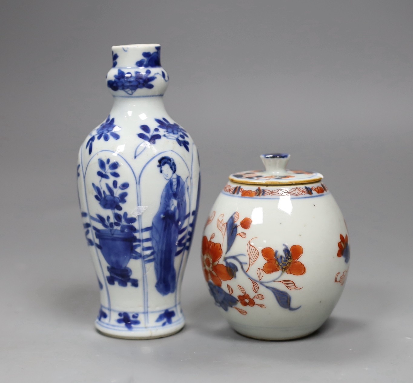 A Chinese Kangxi blue and white small vase, 15cm tall, and an 18th century Chinese Imari pot and cover